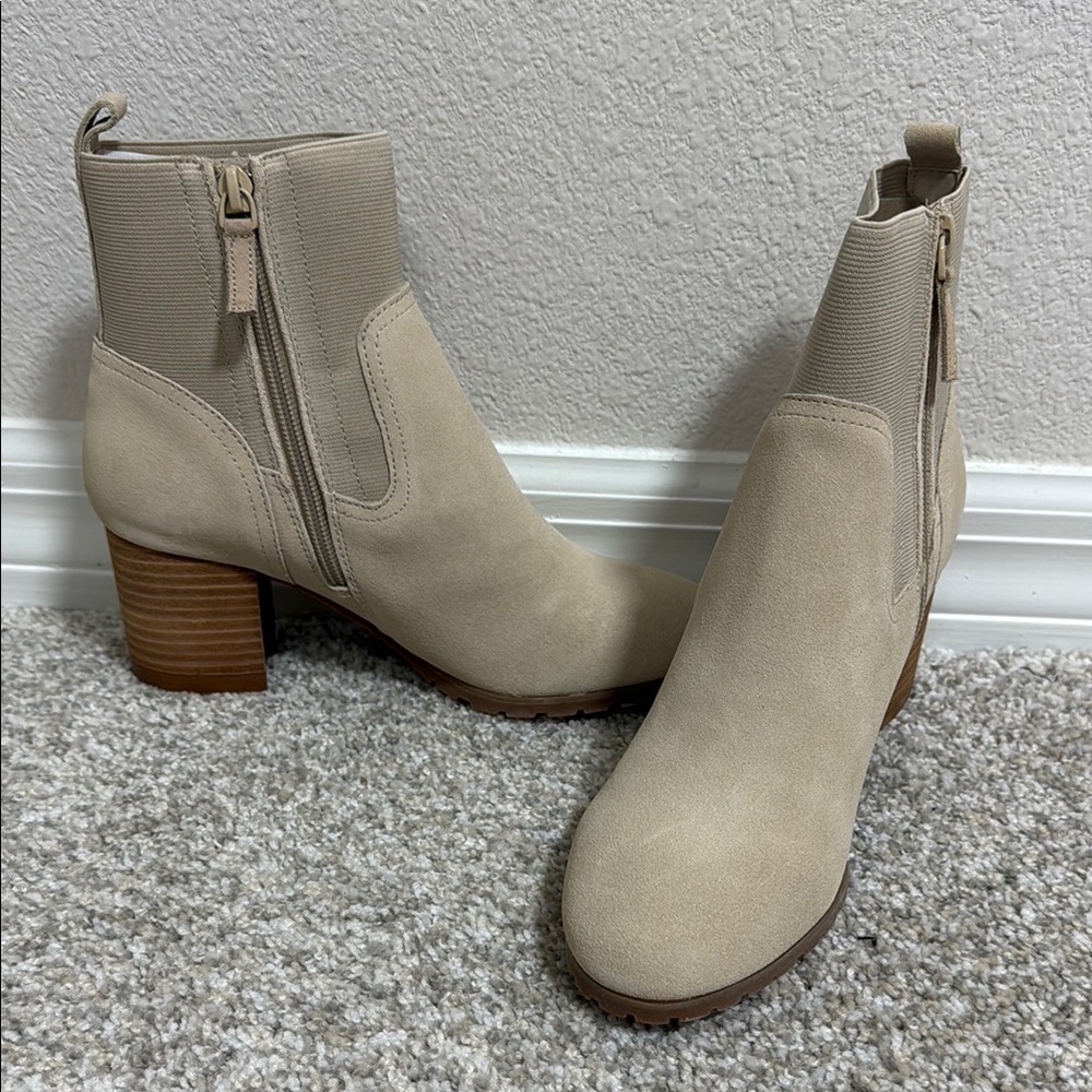 Violet & Red Loaded Suede Knit Cuff Bootie in Tan